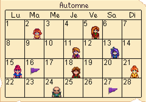 Le calendrier d'automne de stardew valley.