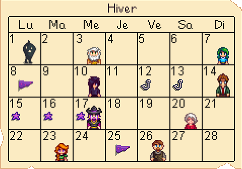 Calendrier hiver de stardew valley.