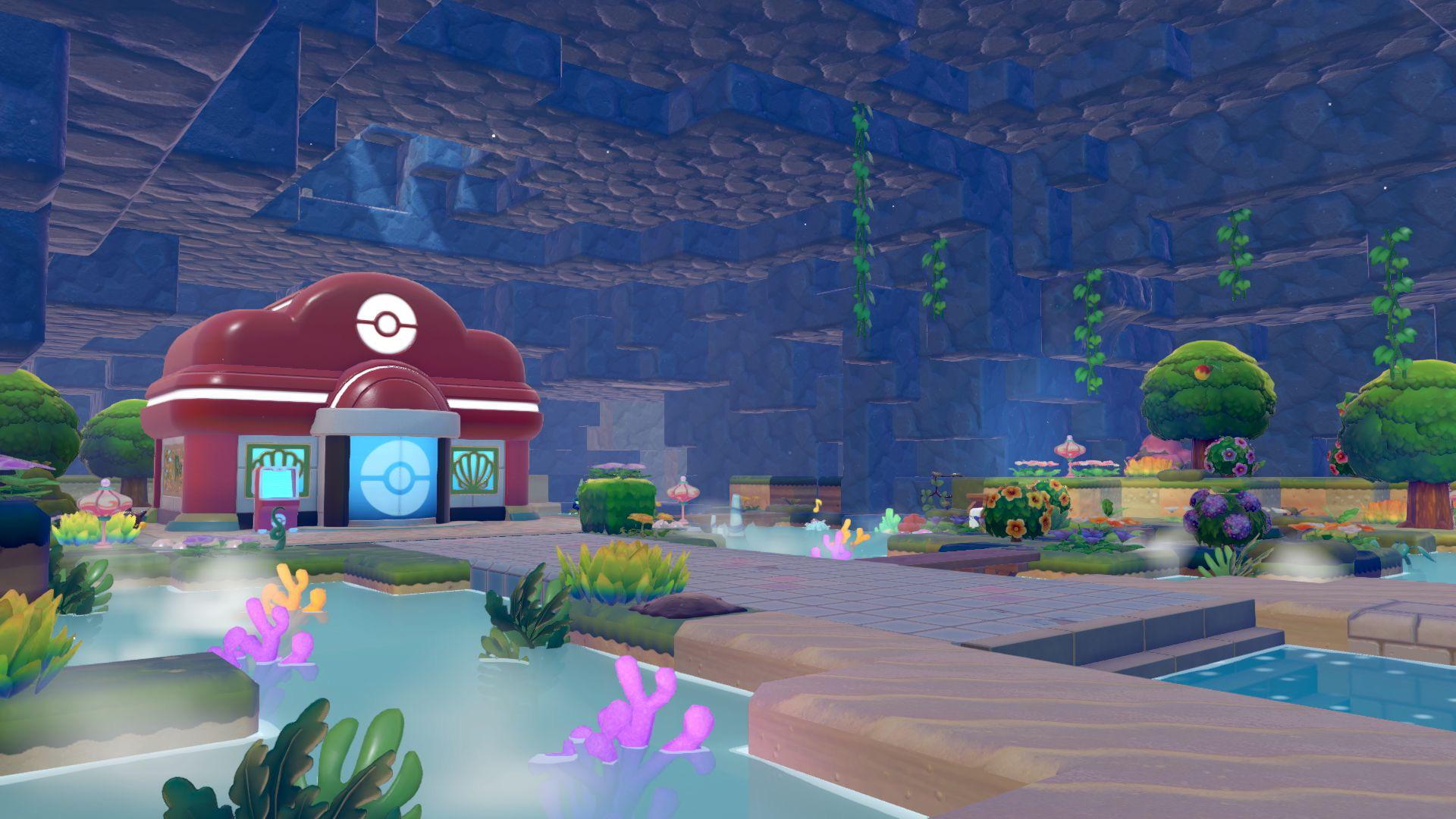Le centre PokeÌmon de Fonds-Bulleux de nuit dans Pokemon Pokopia. Le centre PokeÌmon de Fonds-Bulleux de nuit dans Pokemon Pokopia.