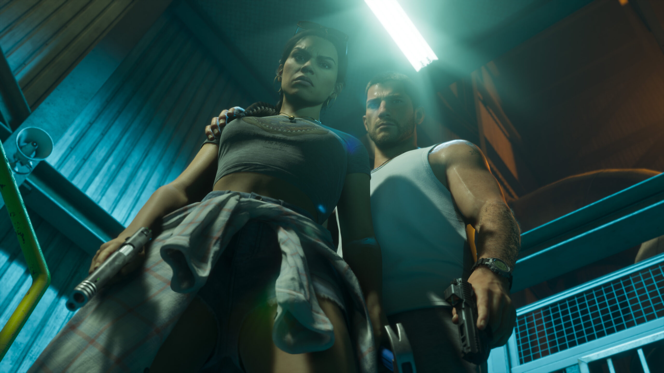Plan coffre inspirÃ© de Pulp Fiction avec Jaosn et Lucia de Grand Theft Auto VI.