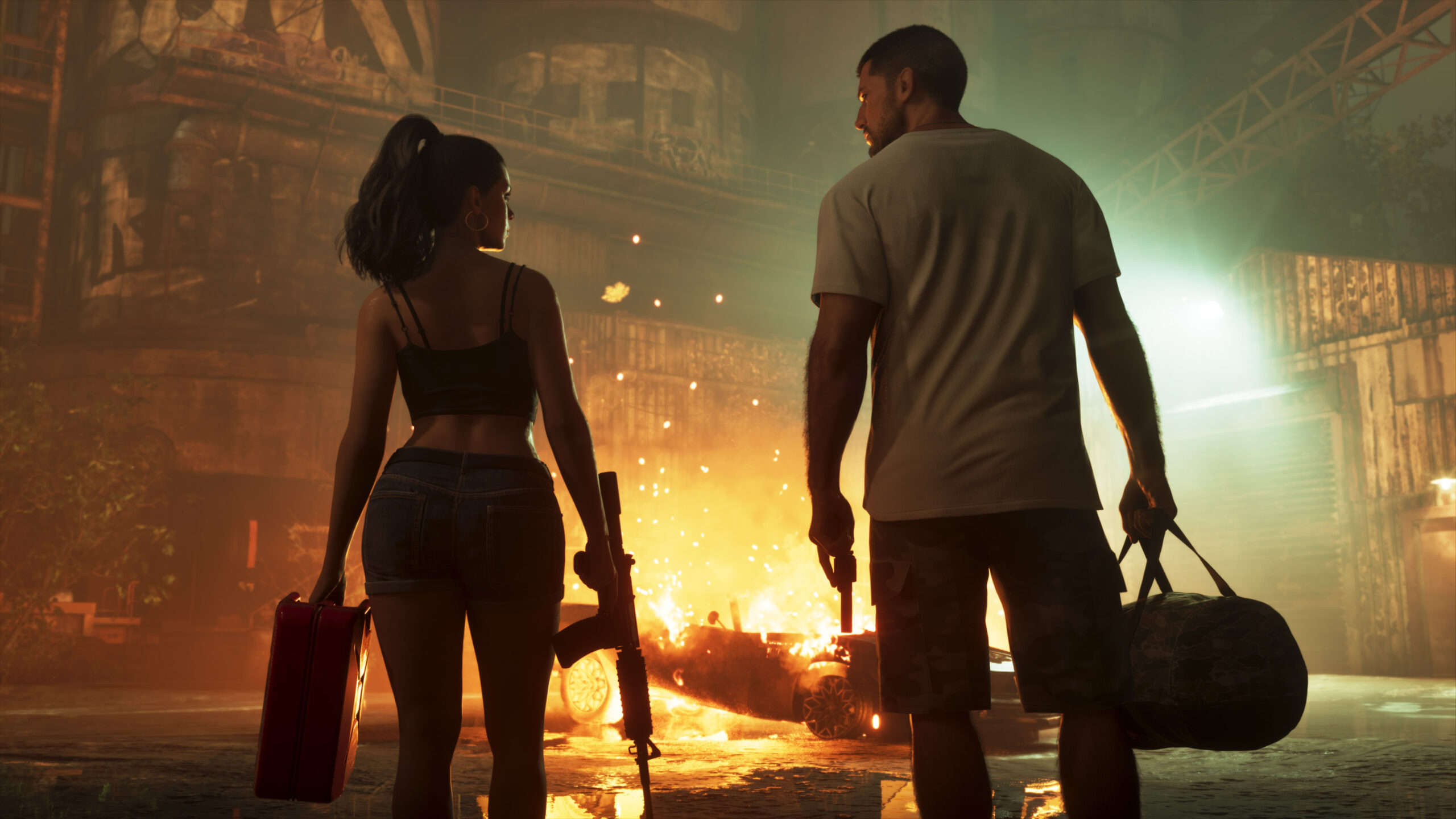Jason et Lucia de GTA 6 brûlent une voiture. Jason et Lucia de GTA 6 brûlent une voiture.