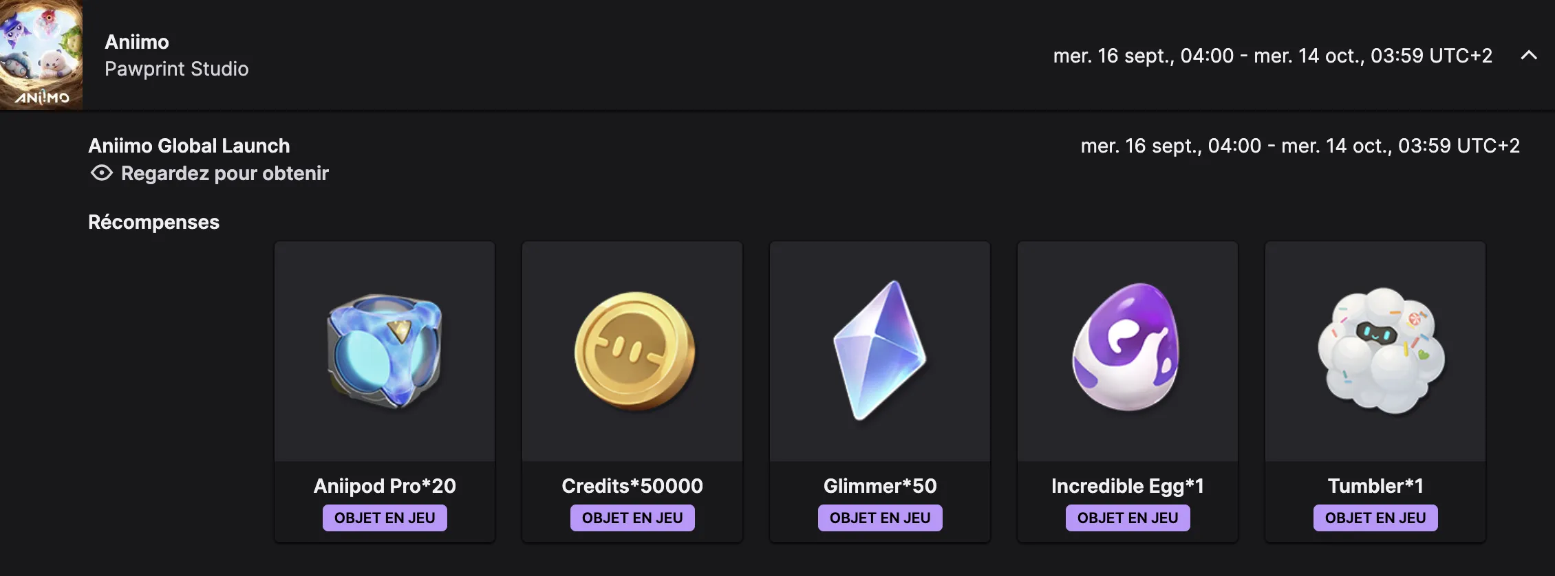 Aniimo offre du contenu gratuit via twitch drop. Aniimo offre du contenu gratuit via twitch drop.