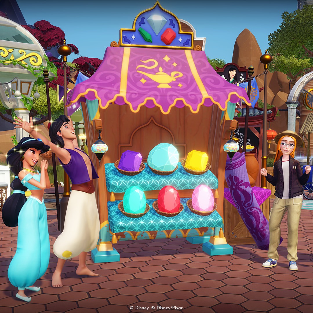 Le stand de gemmes d'Aladdin dans Disney Dreamlight Valley. Le stand de gemmes d'Aladdin dans Disney Dreamlight Valley.