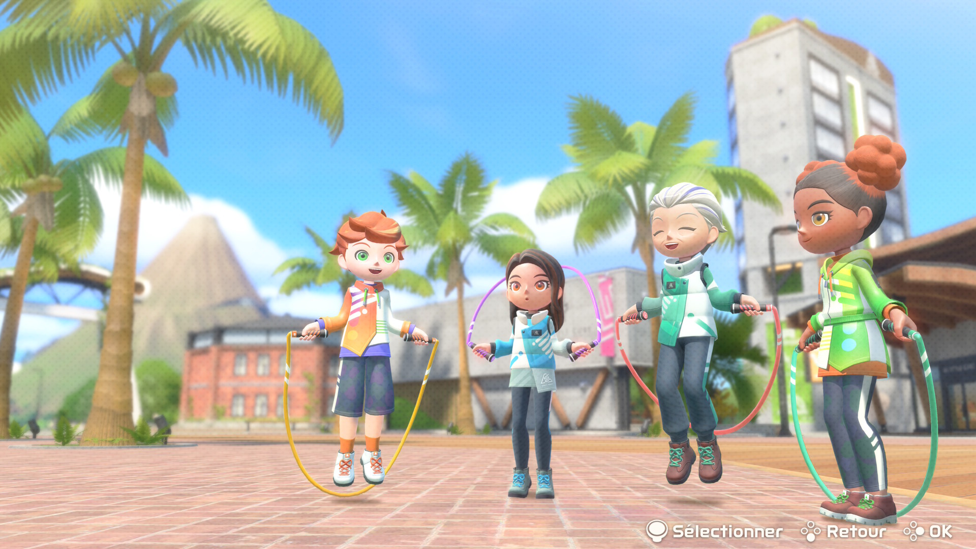 Nintendo Switch Sports Resort propose de s'Ã©chauffer Ã  la corde Ã  sauter.
