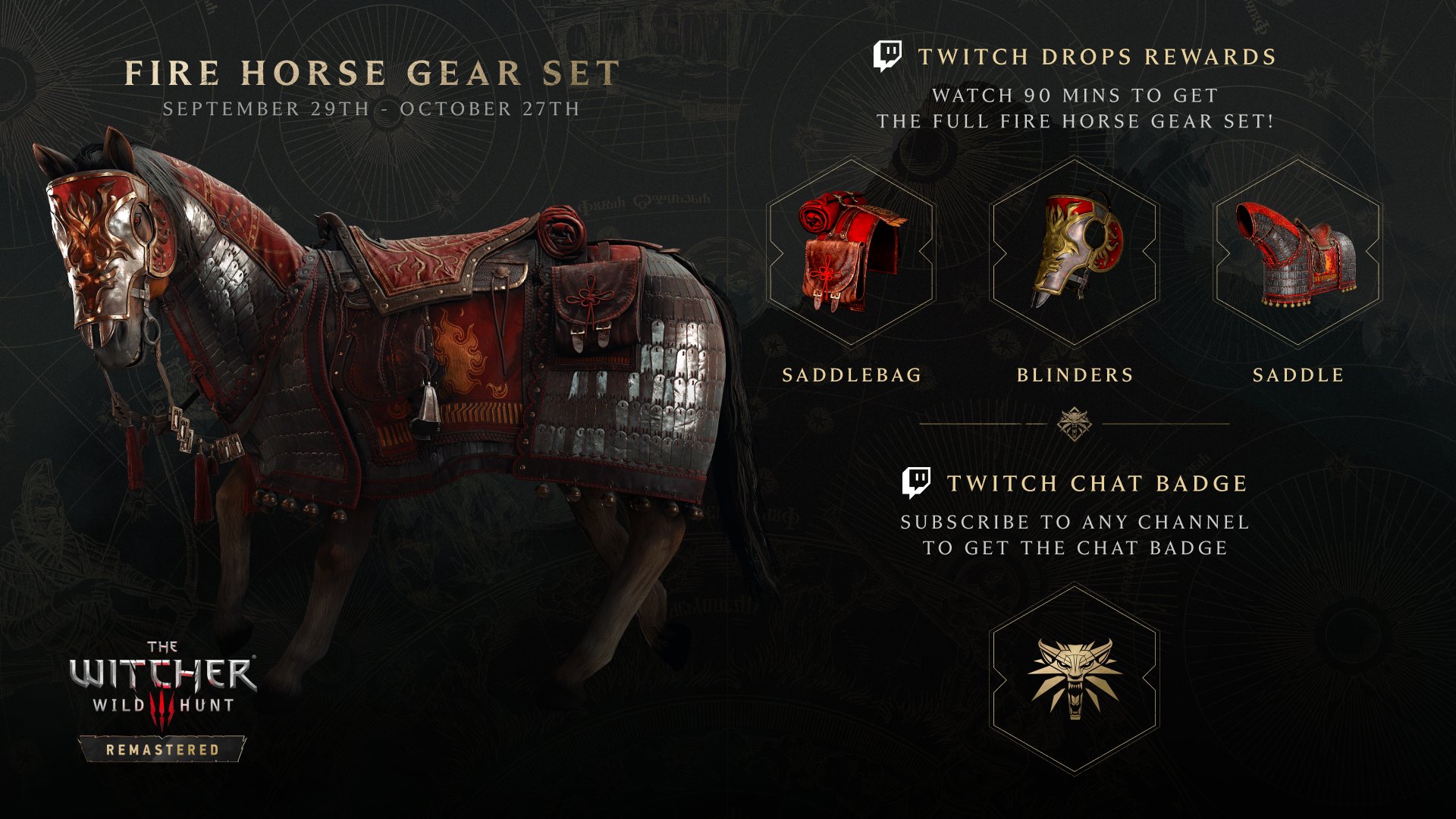 The Witcher 3 Remastered offre des twitch drops jusqu'au 27 octobre.