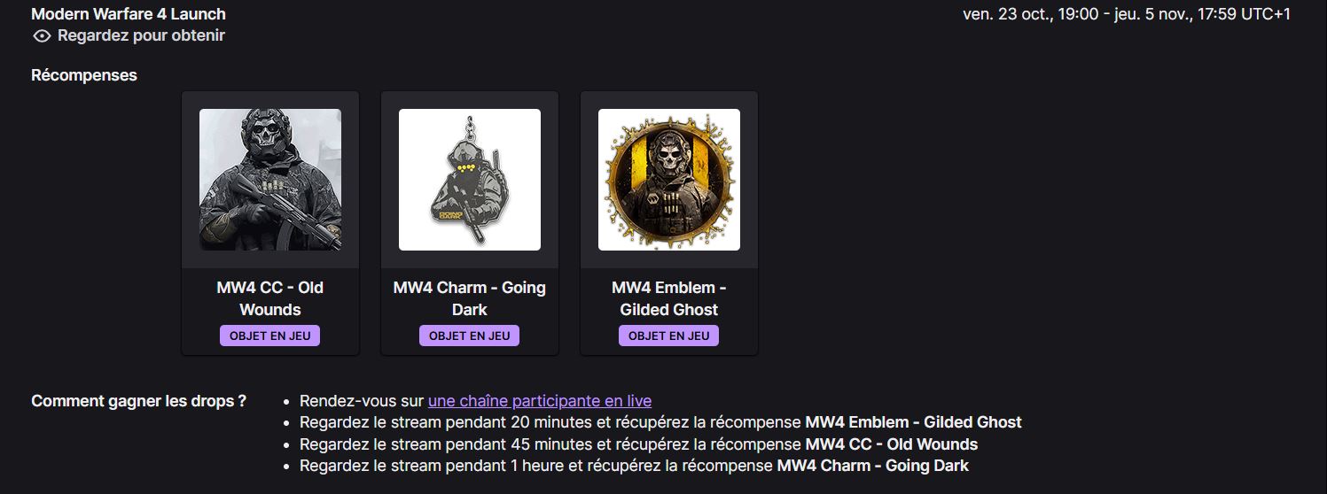 Call of Duty Modern Warfare 4 twitch drops d'octobre 2026.