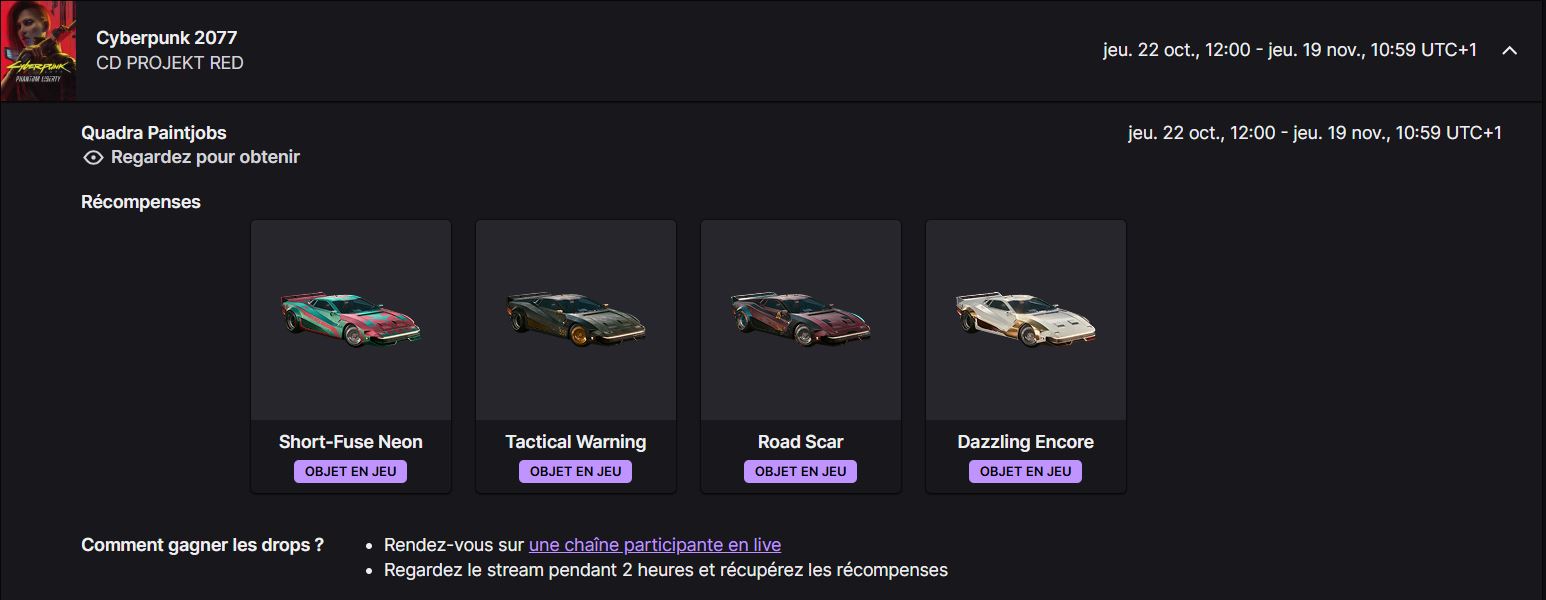 Cyberpunk 2077 Twitch drops du 22 octobre 2026. Cyberpunk 2077 Twitch drops du 22 octobre 2026.