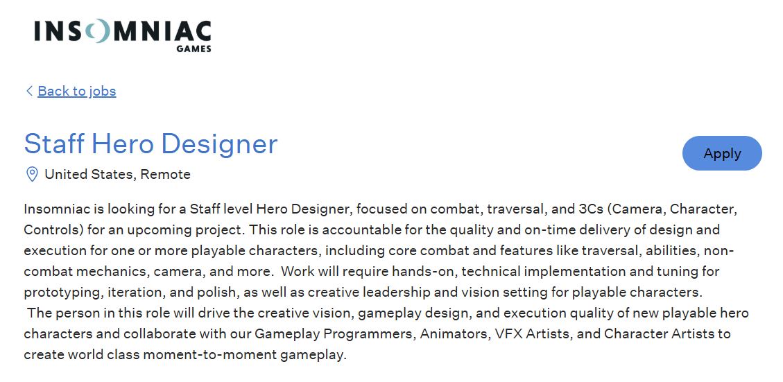 Pour X-Men probablement, Insomniac recrute un Staff Hero Designer.
