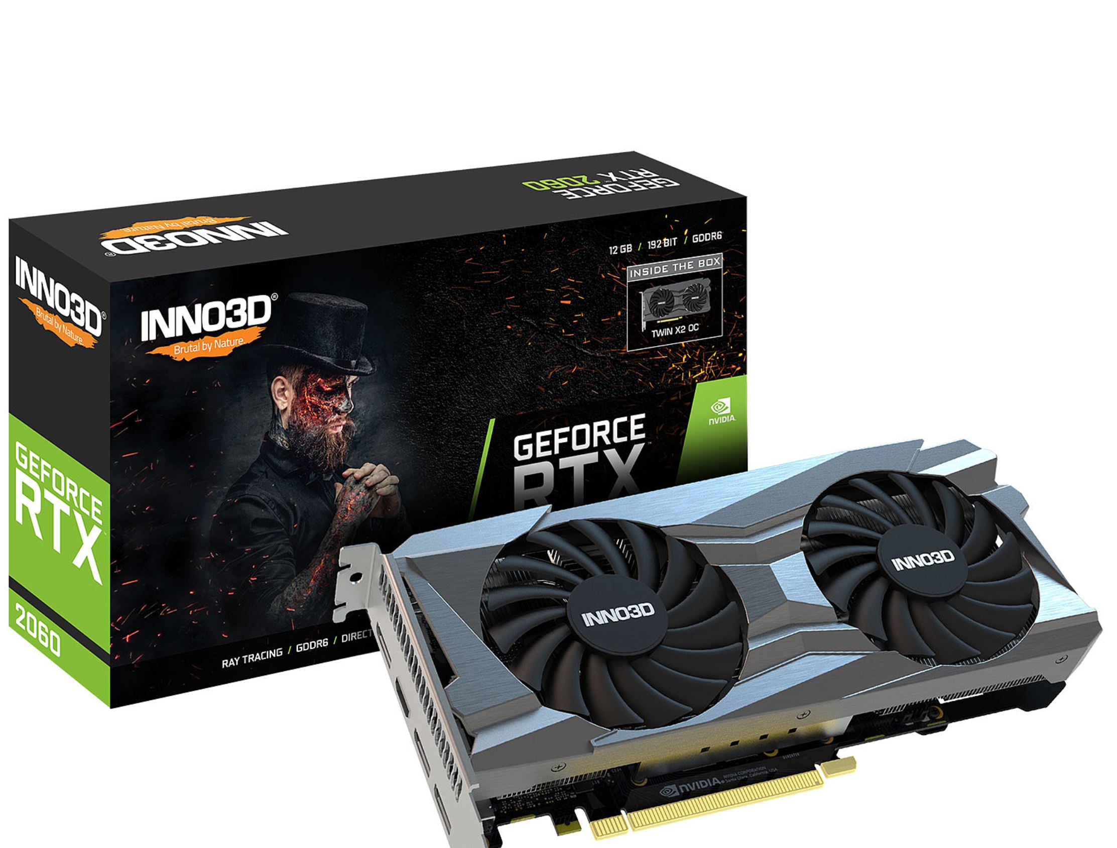 Photographie d'une carte RTX 2060 12 GB INNO3D. Photographie d'une carte RTX 2060 12 GB INNO3D.