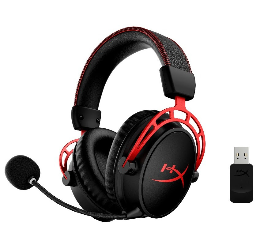 Photo du casque Cloud Alpha Wireless de chez HyperX avec son dongle USB.