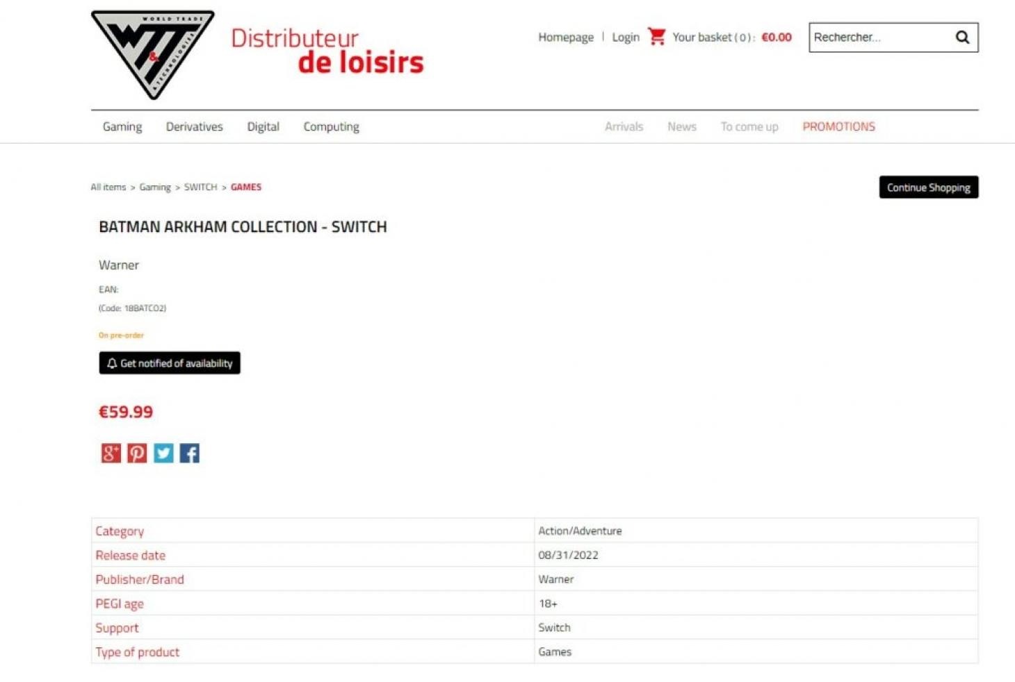 Screen de la page revendeur de Batman Arkham Collection sur Switch. Screen de la page revendeur de Batman Arkham Collection sur Switch.