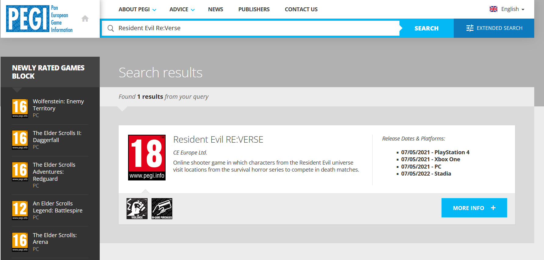 reisdent evil re:verse PEGI