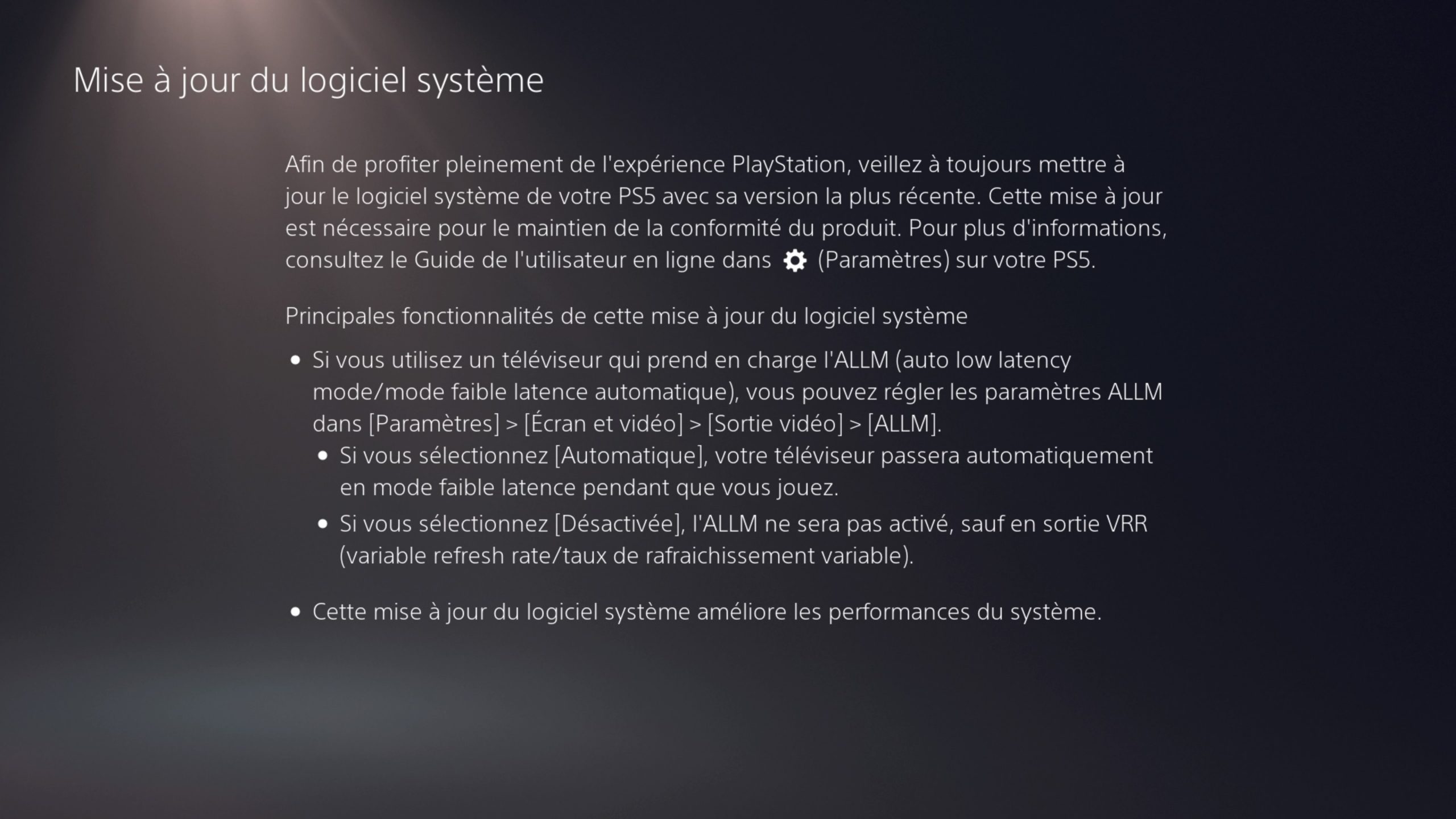 Mise à jour 22-01-05-50 de la PS5 qui ajoute des options pour l'ALLM (Auto Low Latency Mode). Mise à jour 22-01-05-50 de la PS5 qui ajoute des options pour l'ALLM (Auto Low Latency Mode).
