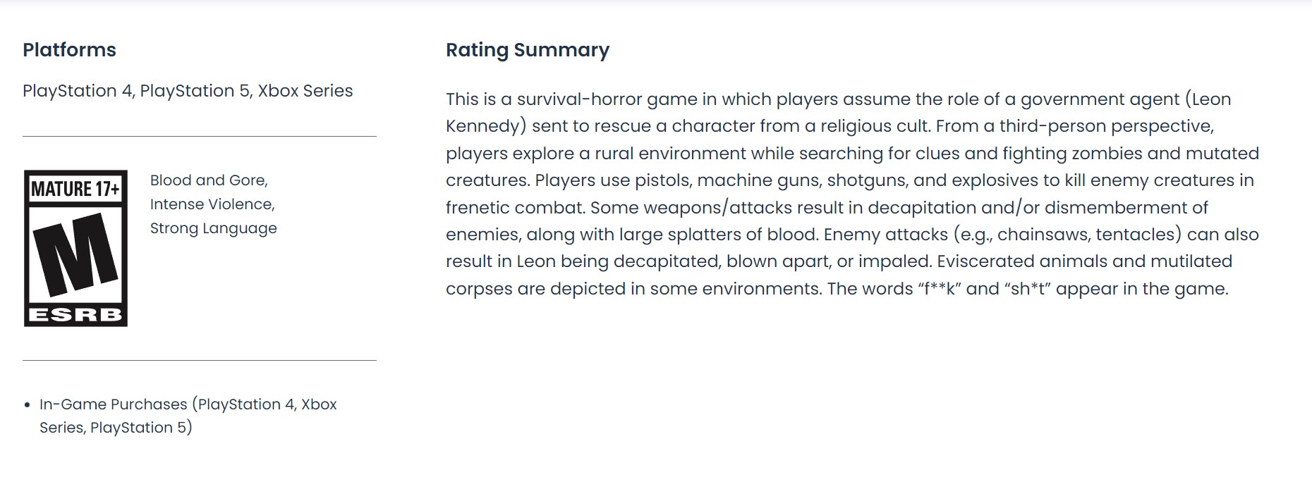 ESRB Resident Evil 4 Remake ESRB Resident Evil 4 Remake