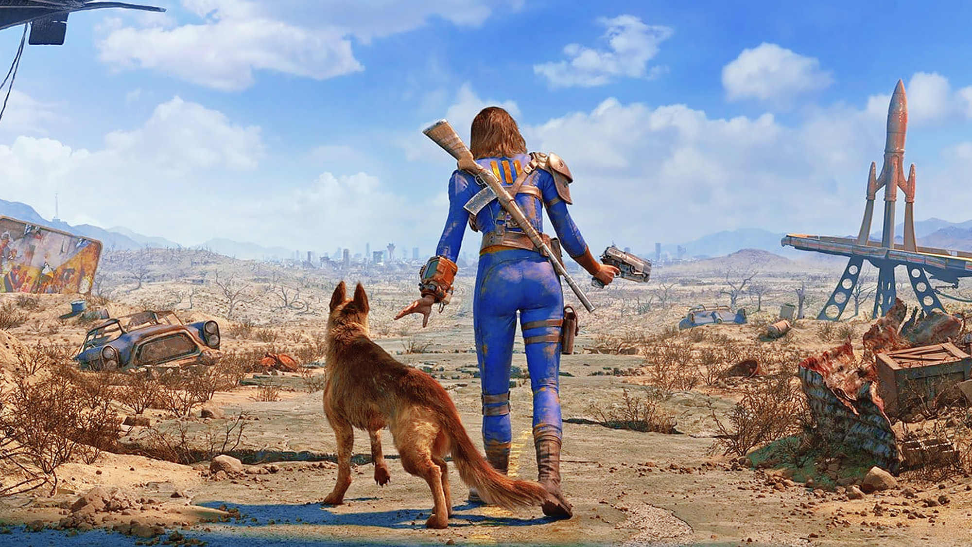Artwork de Fallout 4 montrant l'héroïne de dos face au paysage apocalyptique. Le chien emblématique du jeu est à ses côté. Artwork de Fallout 4 montrant l'héroïne de dos face au paysage apocalyptique. Le chien emblématique du jeu est à ses côté.