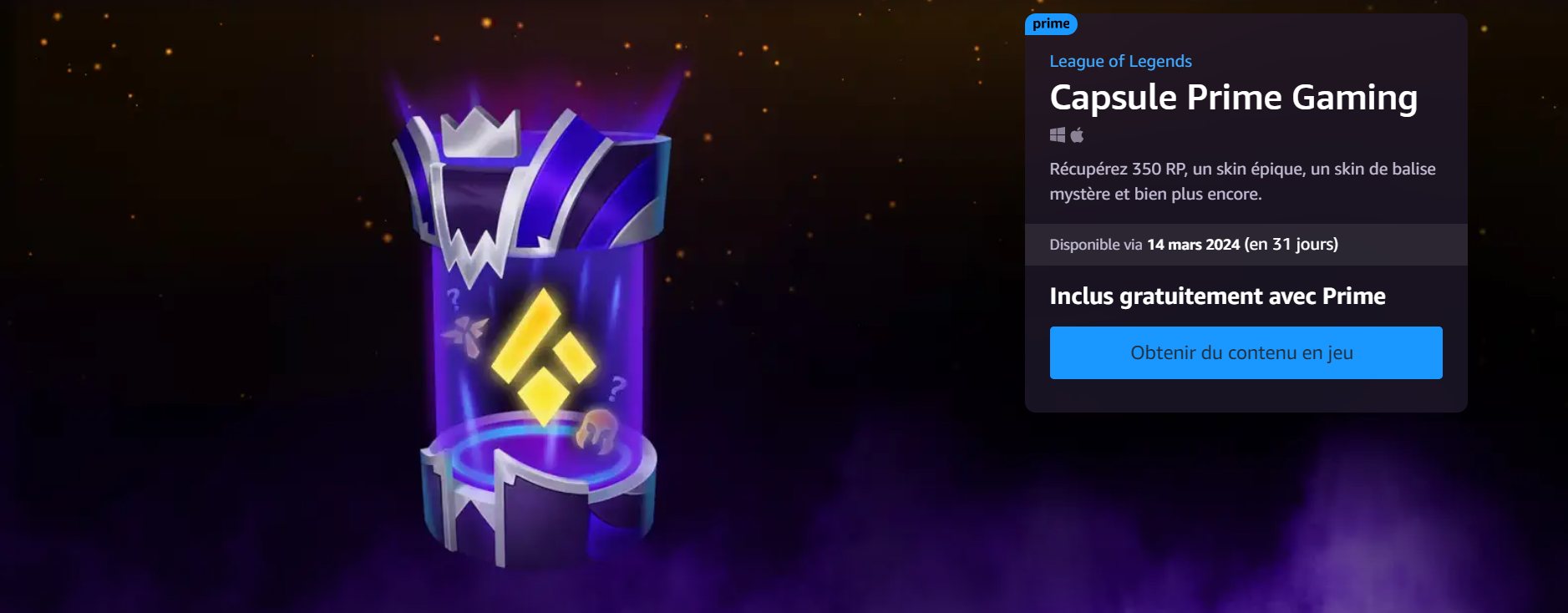 League of Legends contenu gratuit Prime Gaming