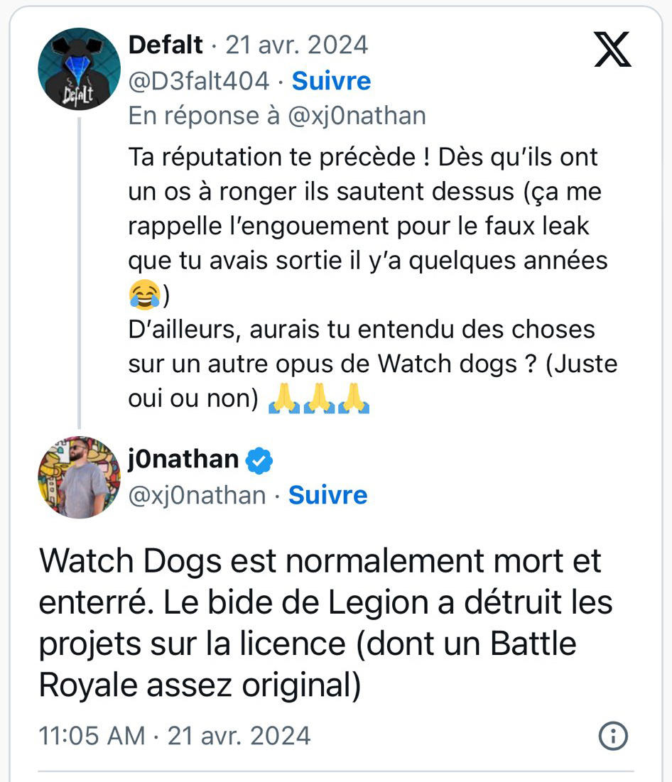 Capture d'écran d'une rumeur partagée par @xj0nathan sur X (Twitter) à propos de la licence Watch Dogs. Capture d'écran d'une rumeur partagée par @xj0nathan sur X (Twitter) à propos de la licence Watch Dogs.