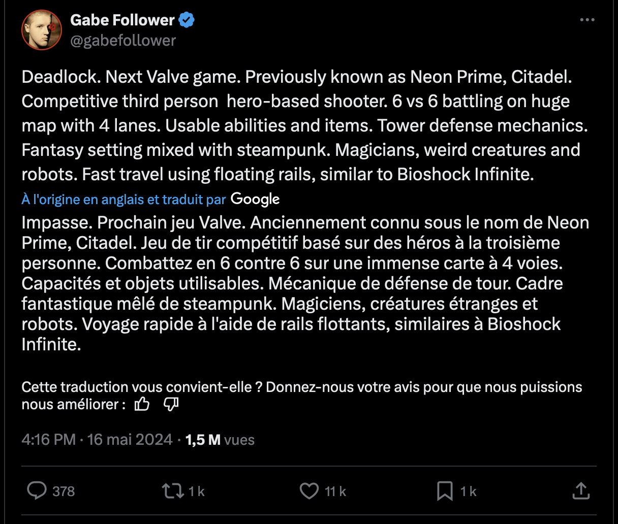 Leak Deadlock, prochain jeu de Valve (via Gabe Follower sur X |Â Twitter)