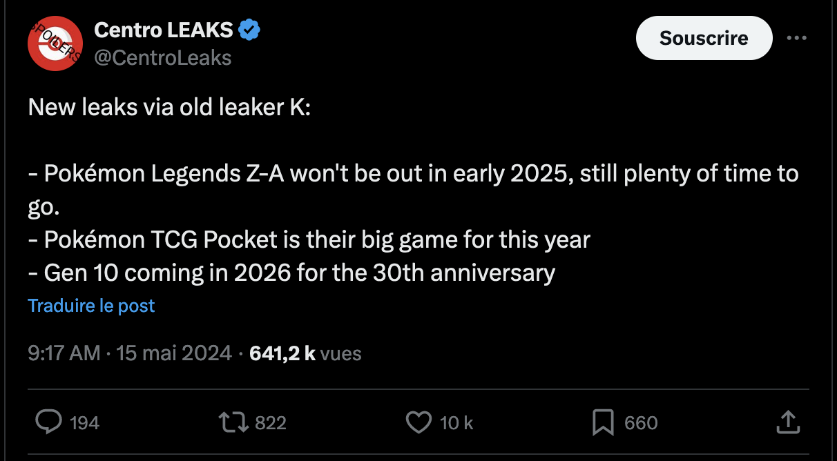 Capture d'Ã©cran d'un post X | Twitter de @CentroLeaks Ã  propos des prochains jeux vidÃ©o PokÃ©mon.