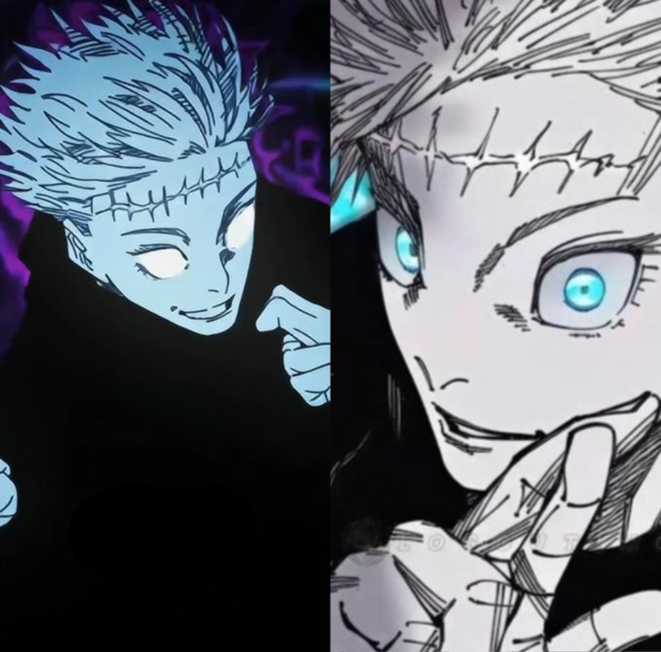 Image de Gojo avec l'esprit de Yuta grÃ¢ce Ã  la technique du Kenjaku dans Jujutsu Kaisen chapitre 261.