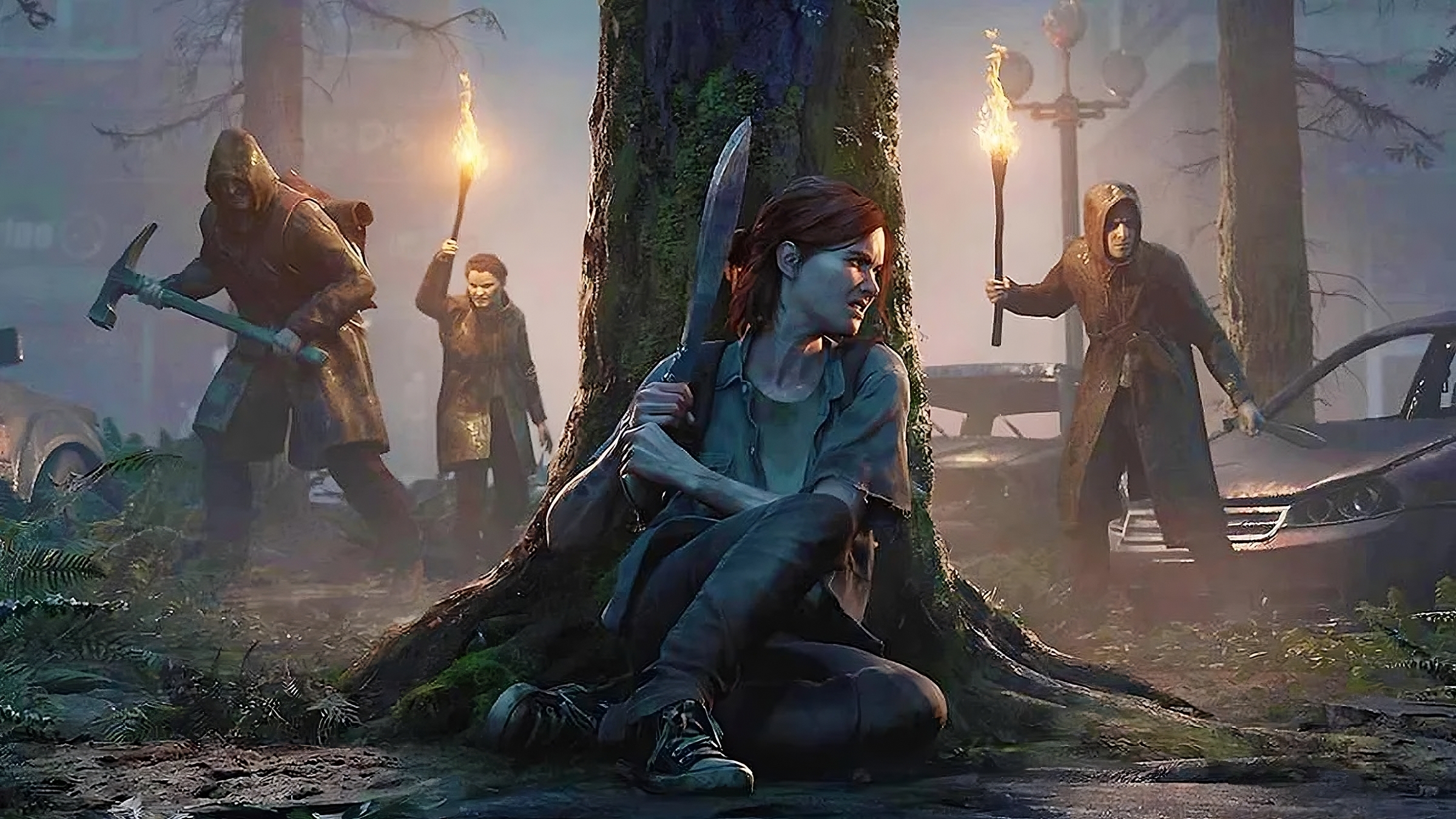 Artwork de The Last of Us 2 représentant Ellie, machette à la main, se cachant des Séraphites armés, derrière un arbre. Artwork de The Last of Us 2 représentant Ellie, machette à la main, se cachant des Séraphites armés, derrière un arbre.