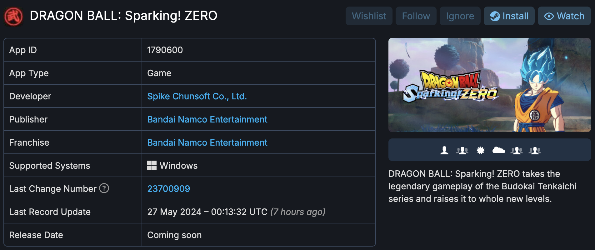 Dragon Ball Sparking Zero : Fiche sur SteamDB.