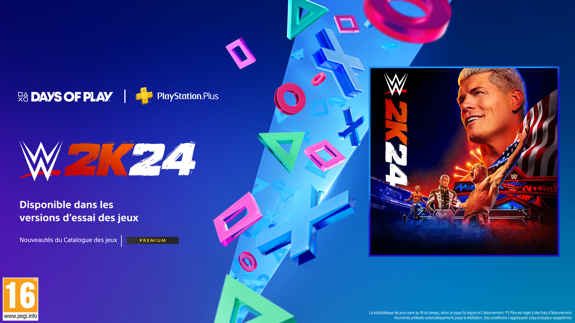 Image promotionnelle pour l'entée de WWE 2K24 dans l'offre des jeu à l'essai du PlayStation Plus Premium. Image promotionnelle pour l'entée de WWE 2K24 dans l'offre des jeu à l'essai du PlayStation Plus Premium.