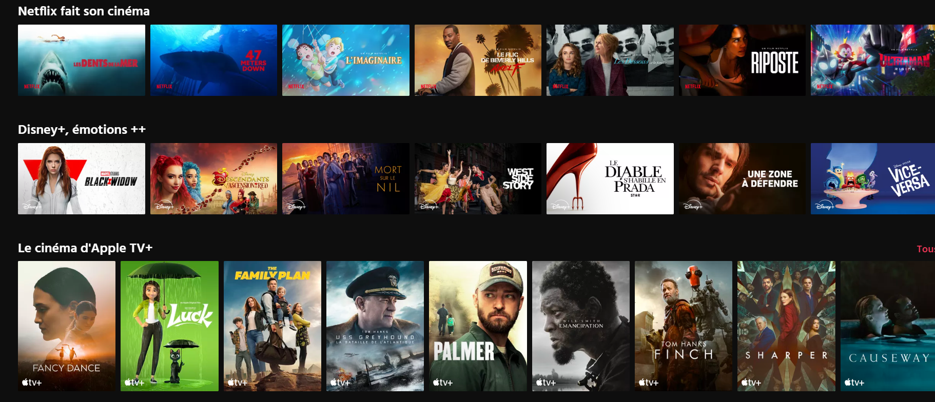Exemples de films et séries disponibles sur Netflix, Disney+ et Apple TV+ via l'offre RAT+. Exemples de films et séries disponibles sur Netflix, Disney+ et Apple TV+ via l'offre RAT+.