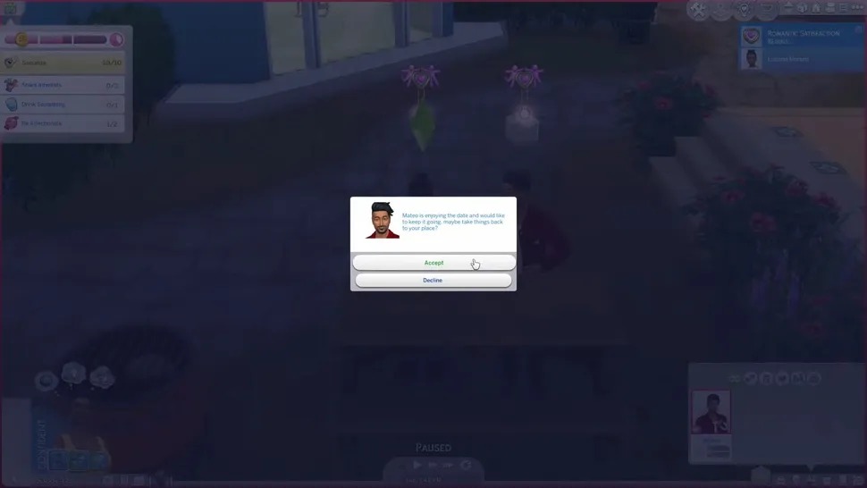 Un clichÃ© des Sims 4 qui dÃ©voile un pop-up permettant de solliciter le joueur pour faire avancer une relation 