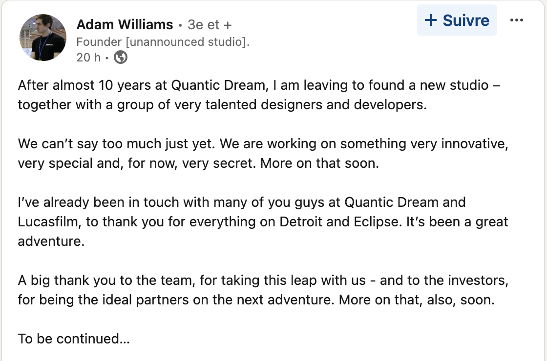 Star Wars Eclipse : Le scénariste Adam Williams annonce sur LinkedIn quitter Quantic Dream. Star Wars Eclipse : Le scénariste Adam Williams annonce sur LinkedIn quitter Quantic Dream.
