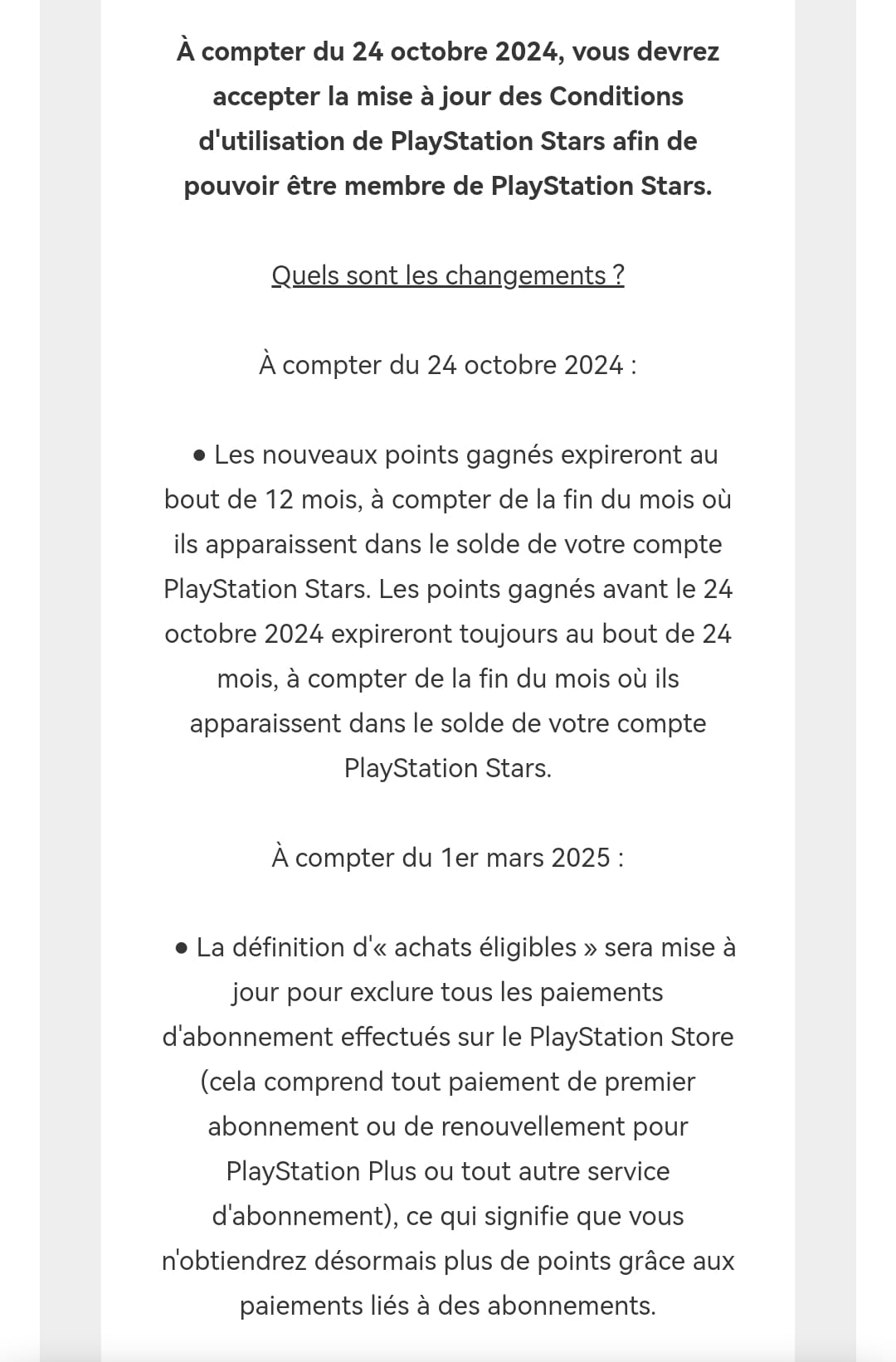 Image qui annonce les prochains changements de politique du PS Stars dÃ¨s octobre 2024 et mars 2025. 