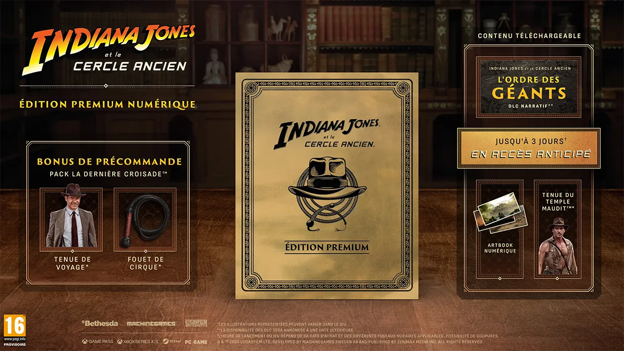 Contenu de l'Ã©dition Premium numÃ©rique pour le jeu vidÃ©o Indiana Jones et le Cercle Ancien.