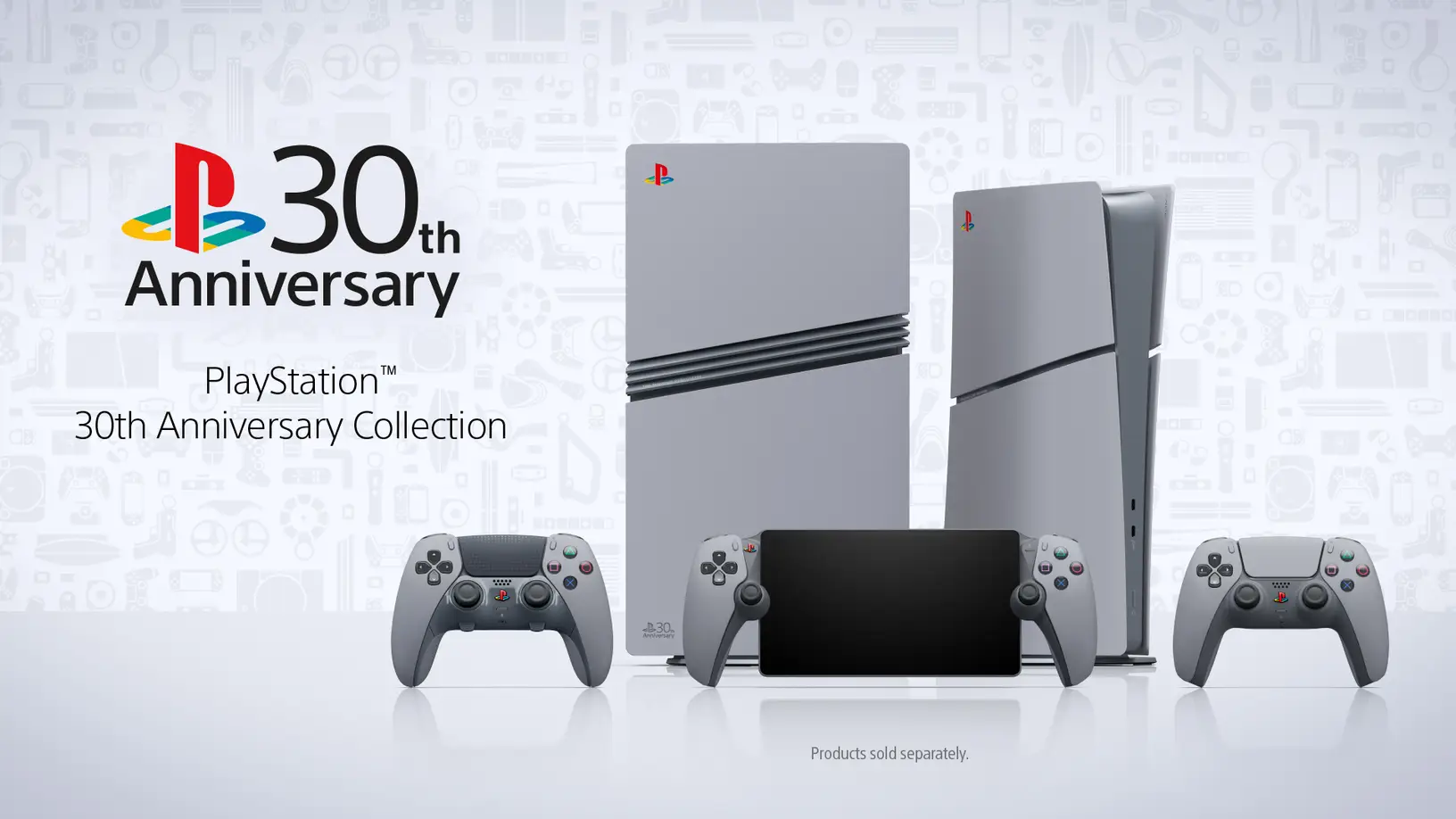 Collection pour le 30e anniversaire de PlayStation, comprenant une PS5 Pro, une PS5 Slim, une DualSense et un PS Portal aux couleurs de la PS1. Collection pour le 30e anniversaire de PlayStation, comprenant une PS5 Pro, une PS5 Slim, une DualSense et un PS Portal aux couleurs de la PS1.