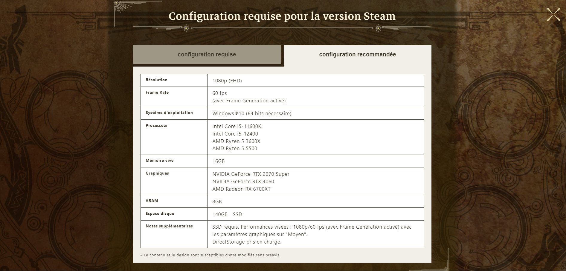 Détails de la configuration recommandée pour Monster Hunter Wilds PC Détails de la configuration recommandée pour Monster Hunter Wilds PC
