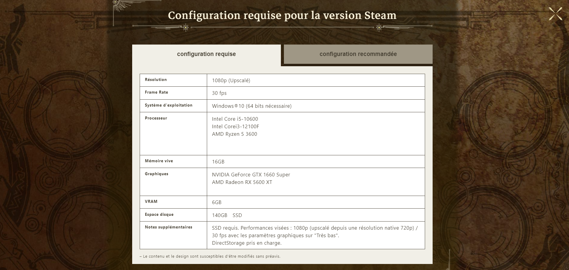 Détails de la configuration requise pour Monster Hunter Wilds PC Détails de la configuration requise pour Monster Hunter Wilds PC