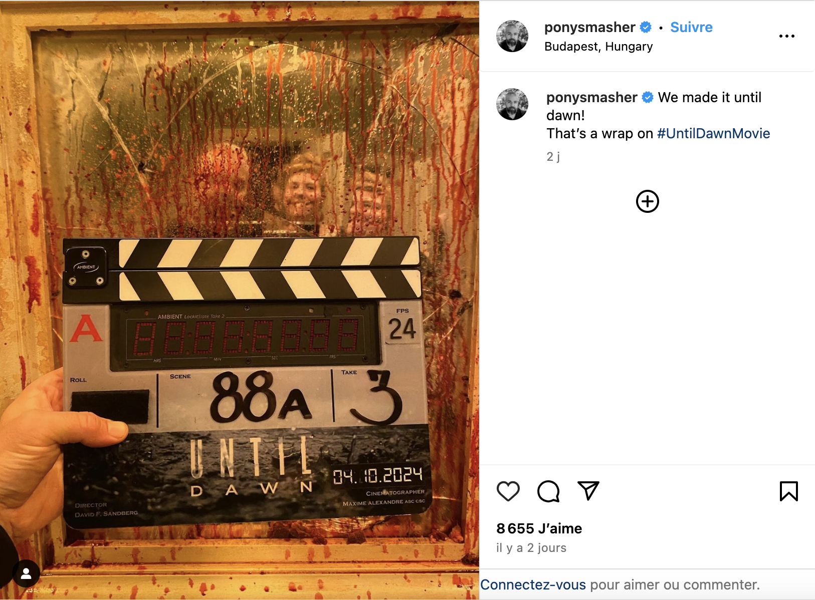 Le rÃ©alisateur David F. Sandberg a annoncÃ© sur son compte Instagram que le tournage du film Until Dawn Ã©tait terminÃ©.