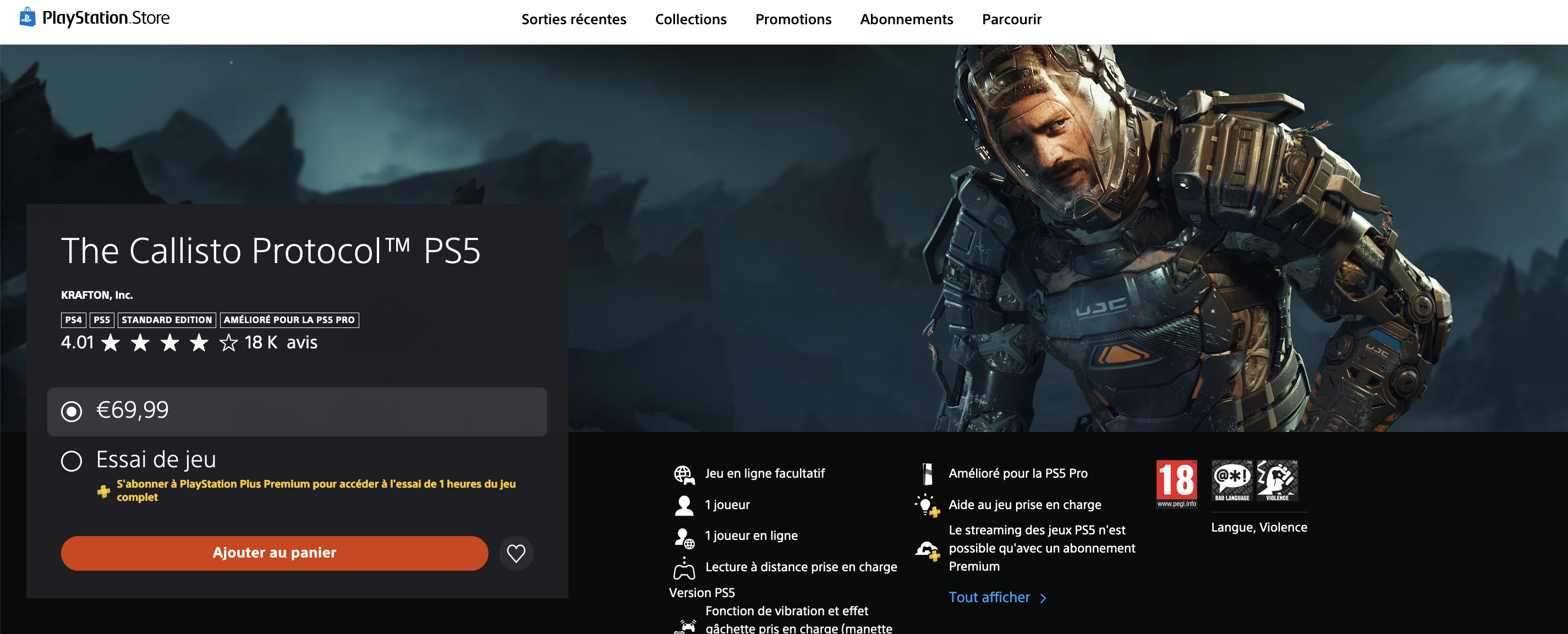 Le pictogramme 'PS5 Pro' apparaÃ®t sur la page PS Store de The Callisto Protocol.