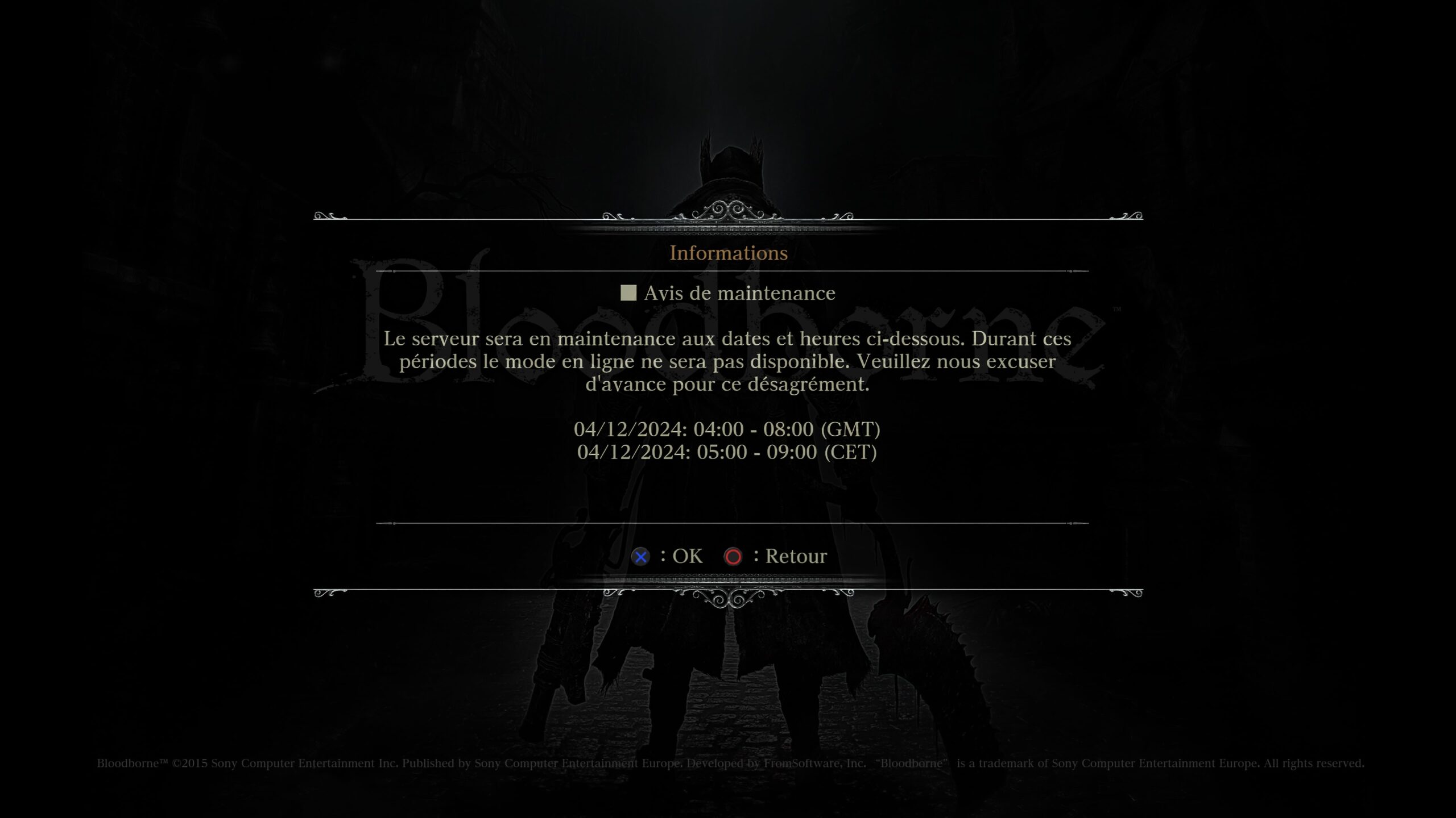 Bloodborne maintenance décembre 2024 Bloodborne maintenance décembre 2024