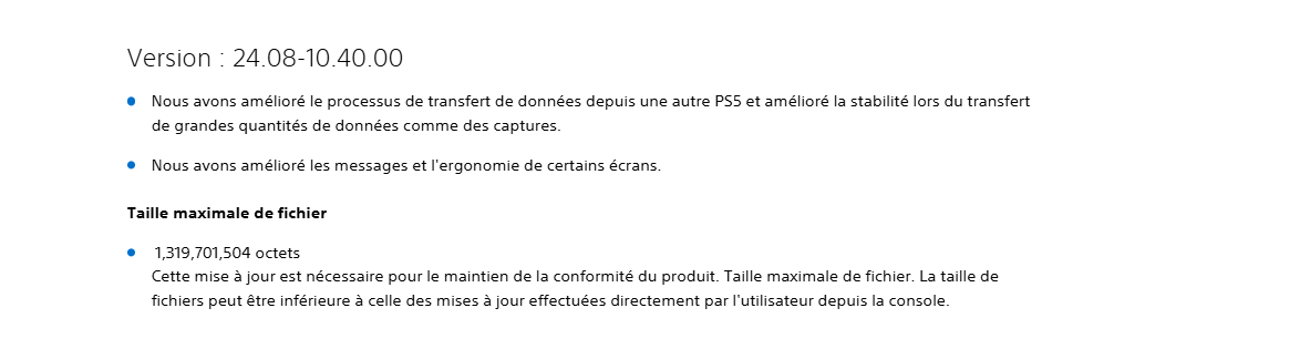 Notes de patch de la mise à jour 24.08-10.40.00 de la PS5 disponible depuis le mardi 3 décembre 2024. Notes de patch de la mise à jour 24.08-10.40.00 de la PS5 disponible depuis le mardi 3 décembre 2024.
