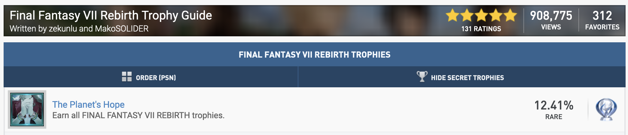 Statistiques du trophÃ©e platine de FF7 Rebirth.