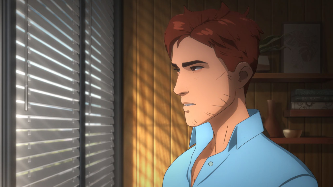 Robert, le héros de Dispatch. Présenté de profil, il regarde par la fenêtre à travers des persiennes. Robert, le héros de Dispatch. Présenté de profil, il regarde par la fenêtre à travers des persiennes.