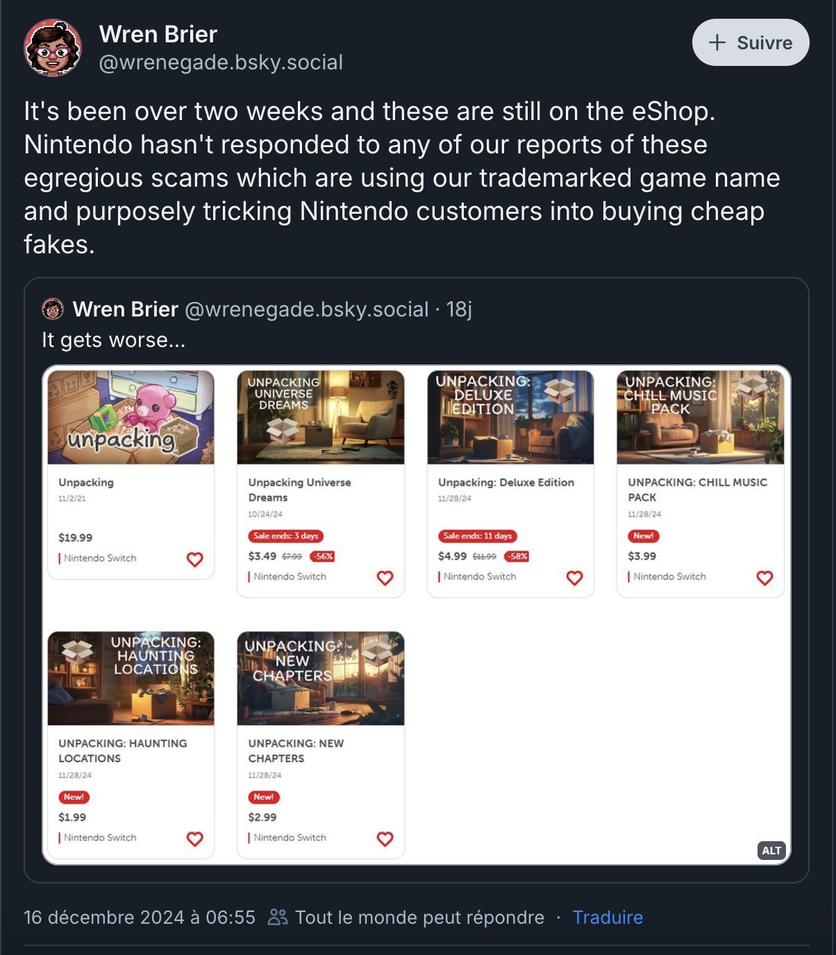 La conceptrice Wren Brier dÃ©nonce l'inaction de Nintendo face aux plagiats de son jeu Unpacking dans un post sur BlueSky.