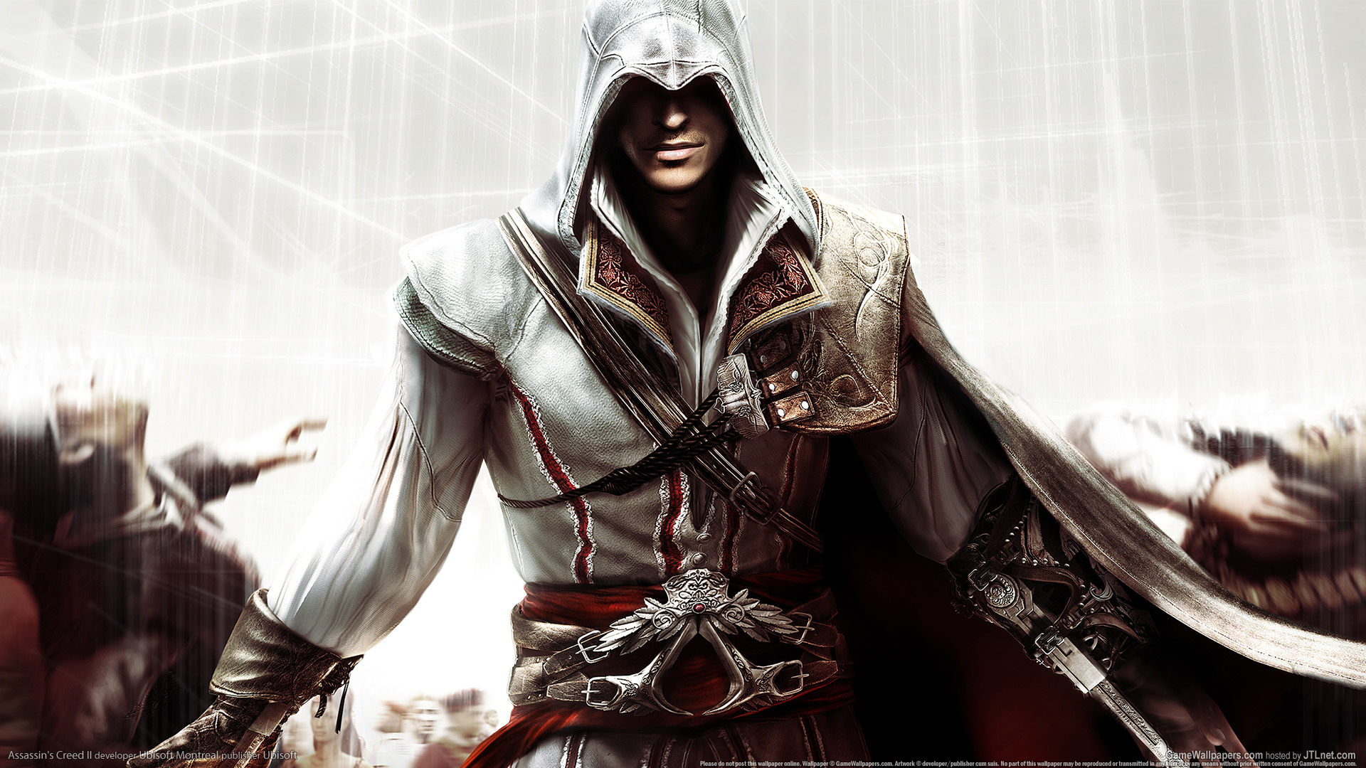 Key art du jeu vidéo Assassin's Creed 2 mettant en avant Ezio Auditore dans sa posture mythique, les bras écartés. Key art du jeu vidéo Assassin's Creed 2 mettant en avant Ezio Auditore dans sa posture mythique, les bras écartés.