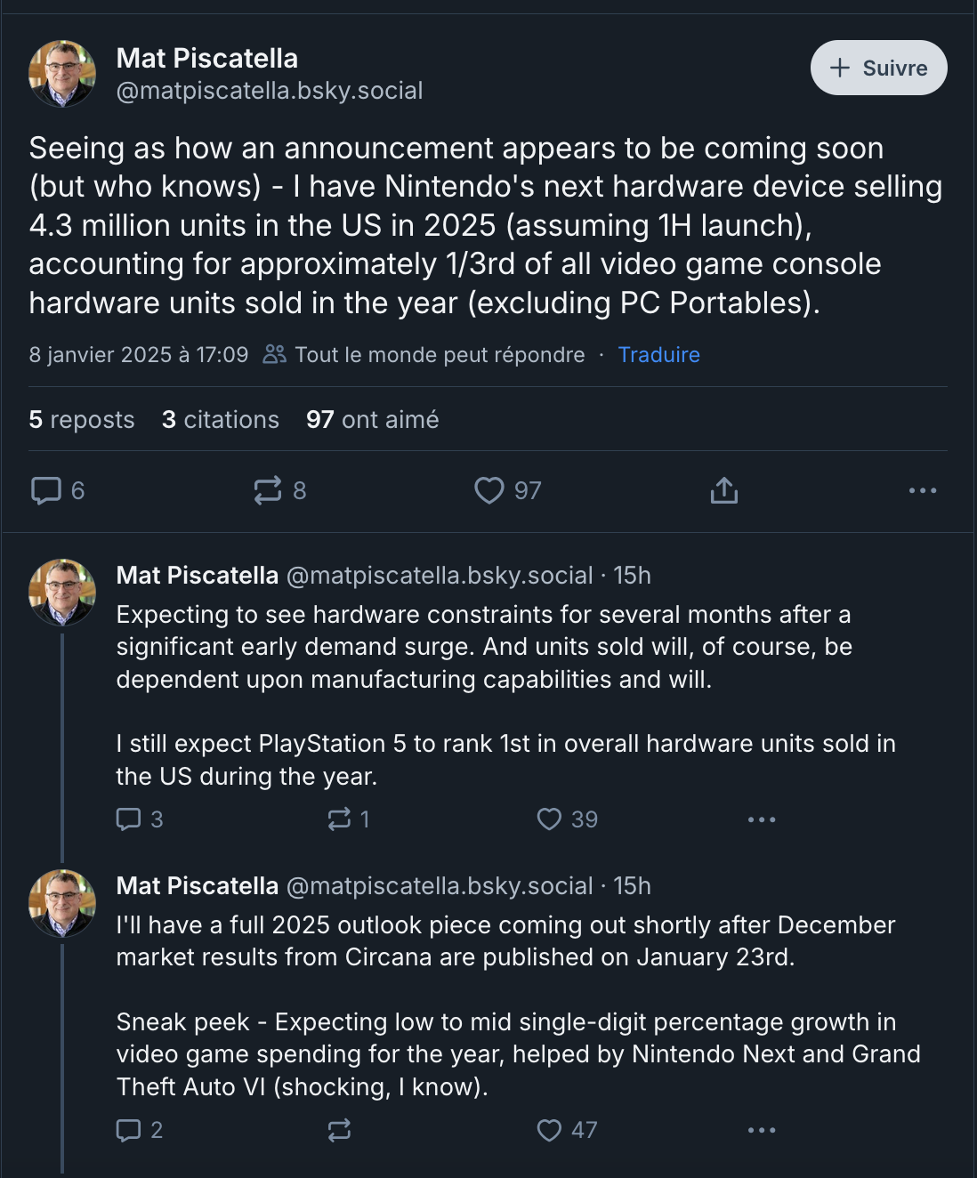 Post de Mat Piscatella à propos de ses prédictions pour la sortie de la Nintendo Switch 2. Post de Mat Piscatella à propos de ses prédictions pour la sortie de la Nintendo Switch 2.