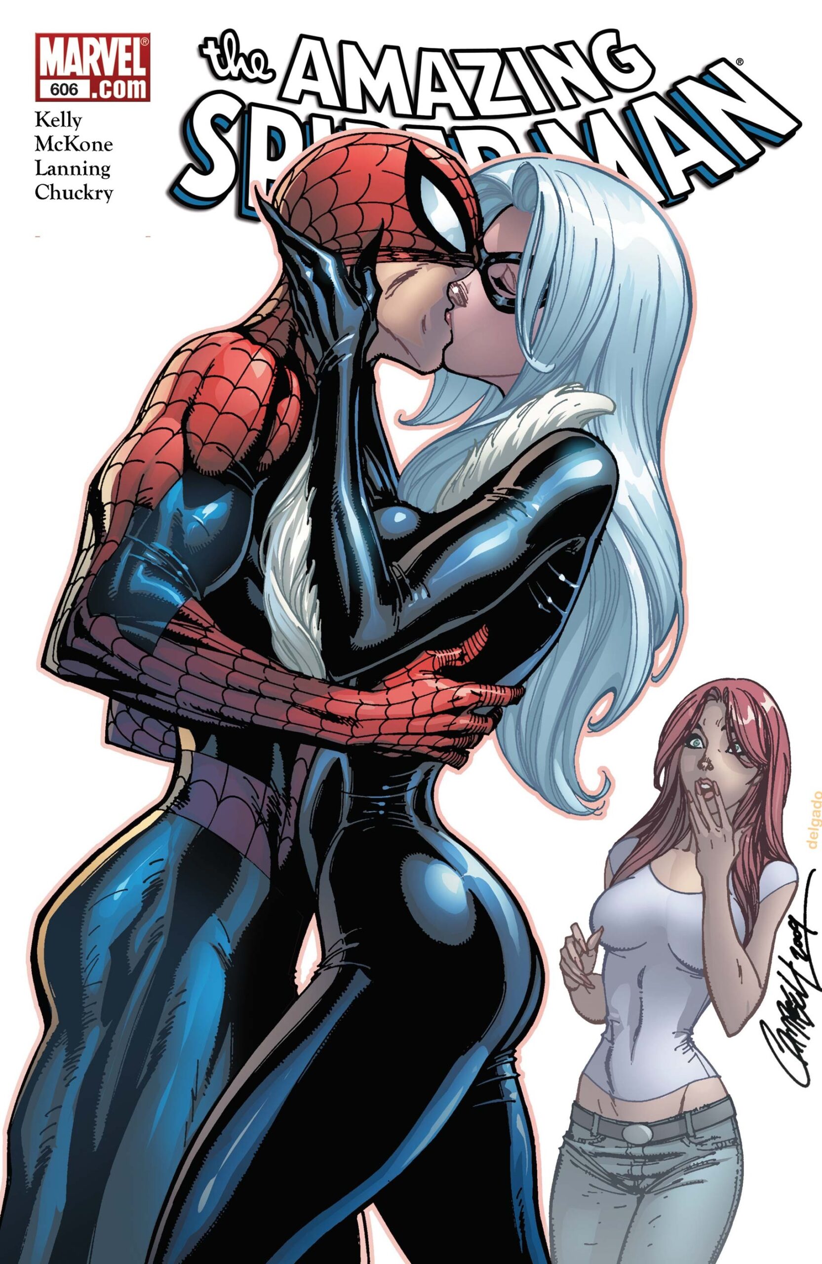 Page de couverture du comics The Amazing Spider-Man 606 avec Black Cat qui embrasse l'homme araignée Page de couverture du comics The Amazing Spider-Man 606 avec Black Cat qui embrasse l'homme araignée