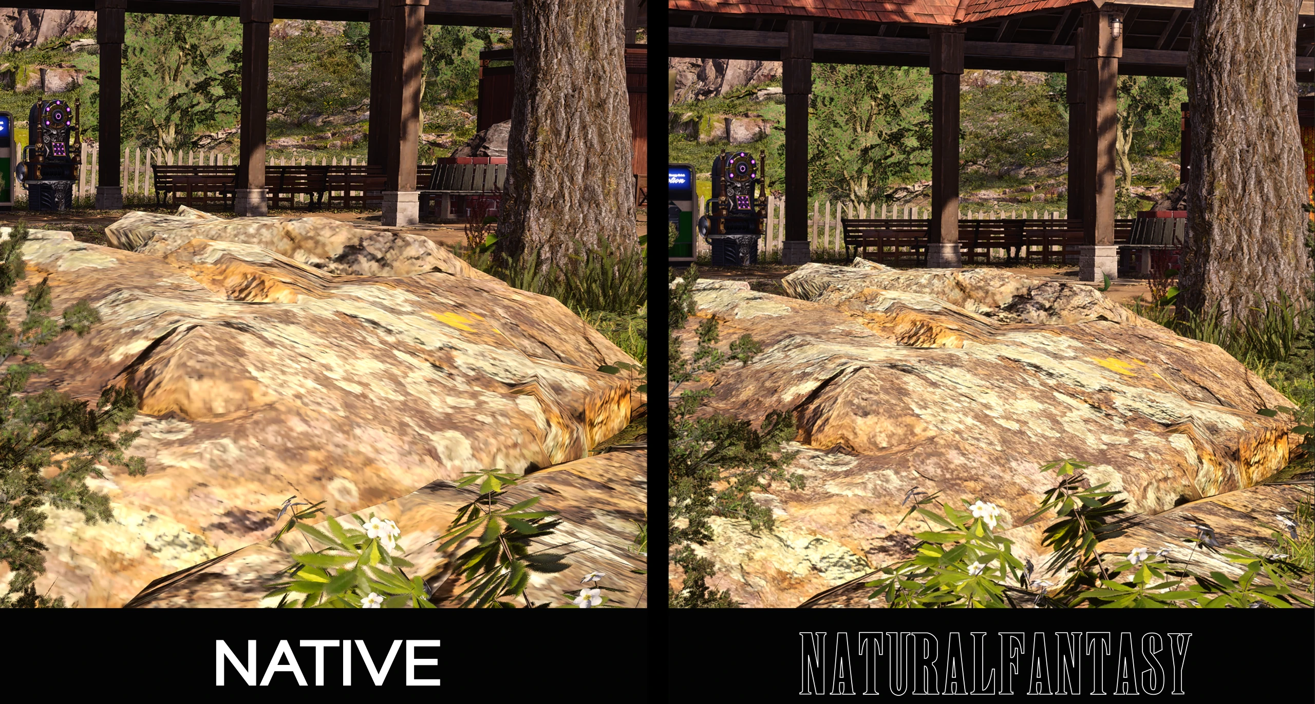 AperÃ§u des roches grÃ¢ce au mod NaturalFantasy pour FF7 Rebirth PC.