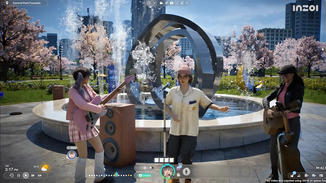 Exemple de gameplay d'Inzoi avec des personnages faisant de la musique dans la rue. Exemple de gameplay d'Inzoi avec des personnages faisant de la musique dans la rue.