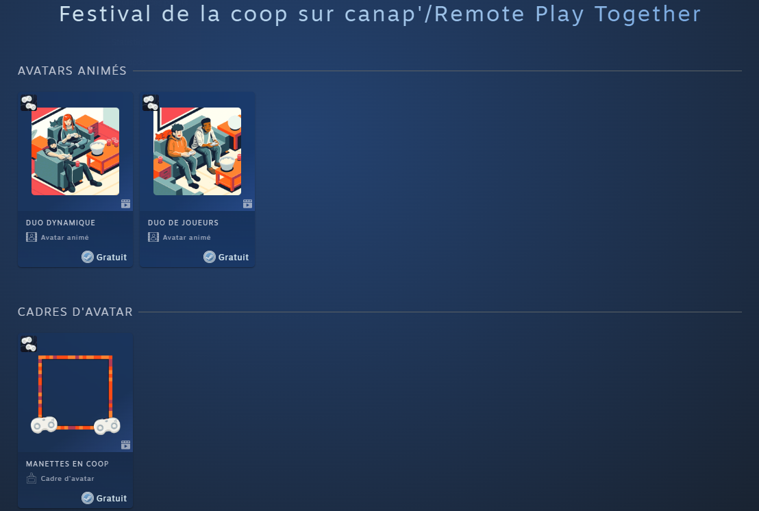 Image des contenus gratuits Steam offerts à l'occasion du Festival de la coop sur canap avec deux avatars animés et un cadre d'avatar Image des contenus gratuits Steam offerts à l'occasion du Festival de la coop sur canap avec deux avatars animés et un cadre d'avatar