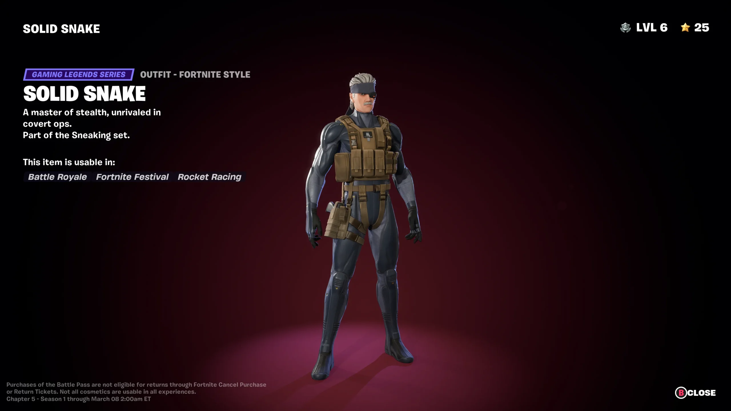 Skin de Solid Snake dans Fornite. Skin de Solid Snake dans Fornite.