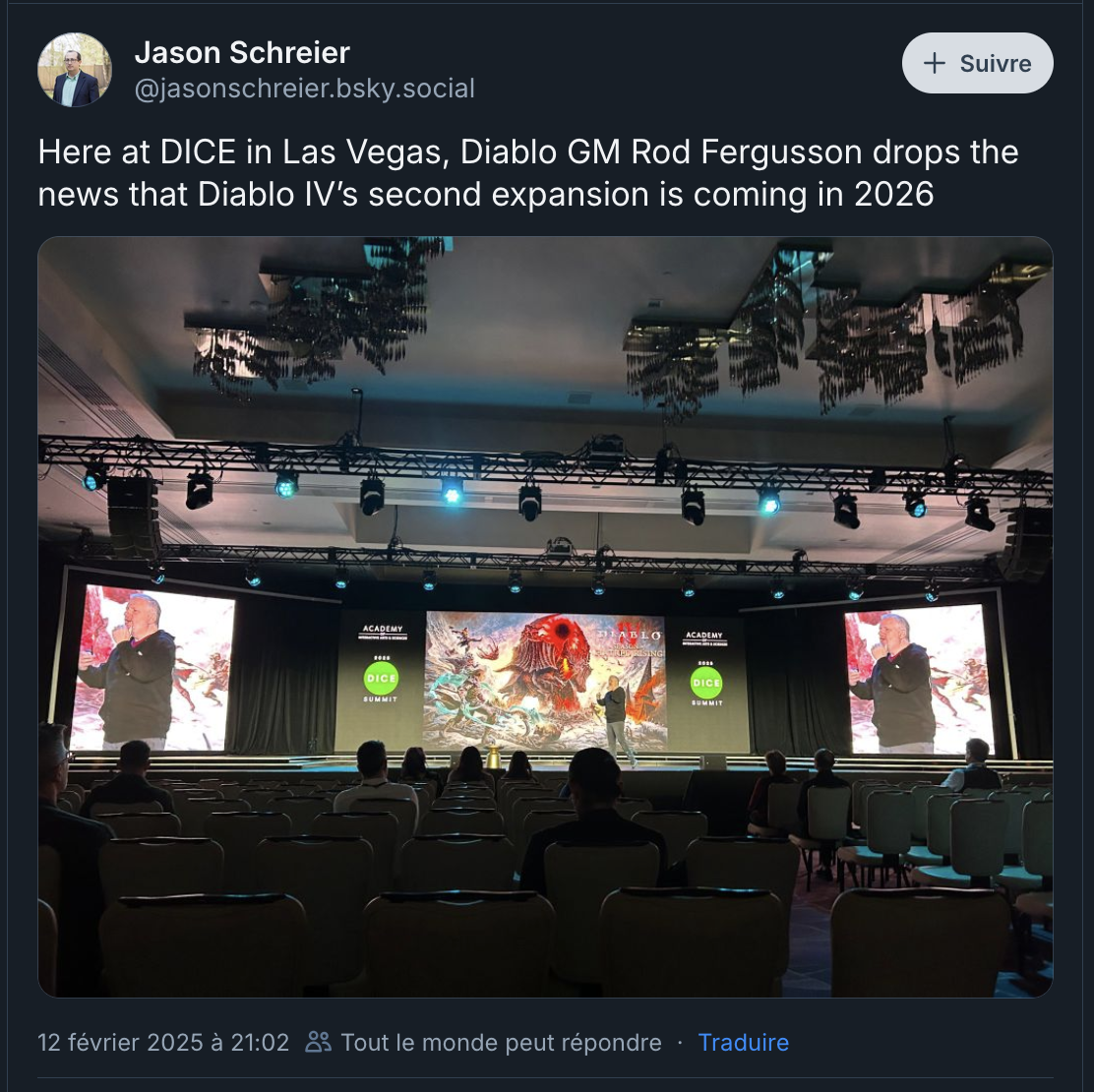 Jason Schreier partage sur BlueSky l'information selon laquelle la nouvelle extension de Diablo 4 sortira en 2026. Jason Schreier partage sur BlueSky l'information selon laquelle la nouvelle extension de Diablo 4 sortira en 2026.